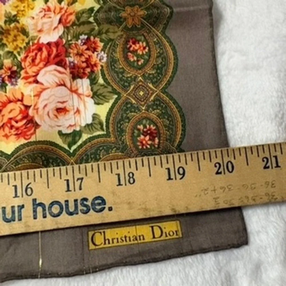 Vtg CHRISTIAN DIOR Scarf Handkerchief Floral Brown Cream 20